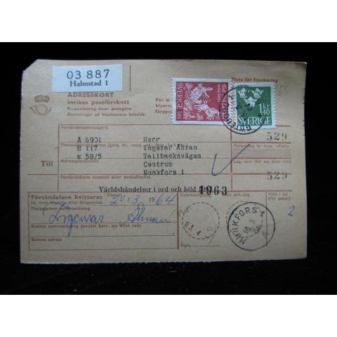 Adresskort med stämplade frimärken - 1964 - Halmstad till Munkfors