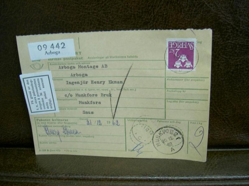 Paketanhopning + Paketavi med stämplade frimärken - 1962 - Arboga till Munkfors 