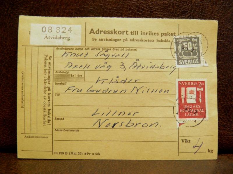 Frimärken på adresskort - stämplat 1962 - Åtvidaberg - Norsbron