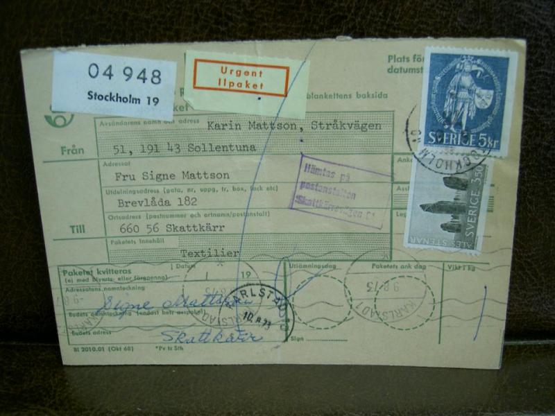 Ilpaket + Paketavi med stämplade frimärken - 1973 - Stockholm 19 till karlstad