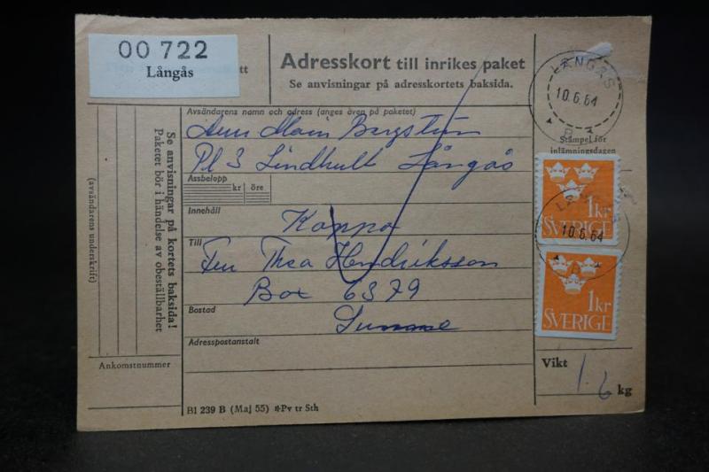 Avi frankerad och stämplad 1964 - Sunne -  00722 Långås
