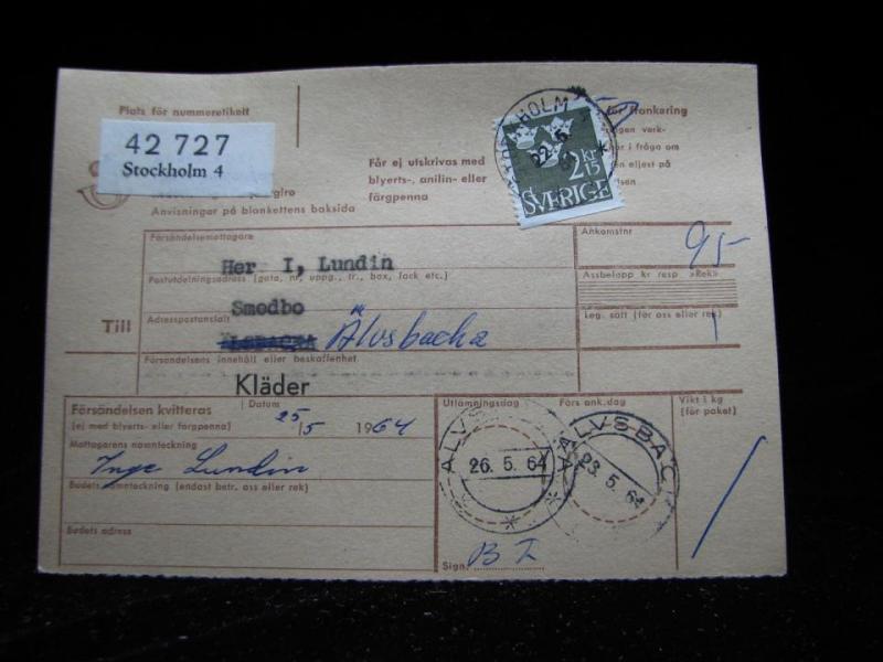 Adresskort med stämplat frimärke - 1964 - Stockholm till Älvsbacka