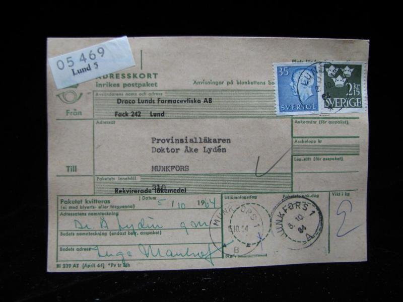 Adresskort med stämplade frimärken - 1964 - Lund till Munkfors