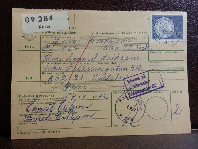 Frimärke  på adresskort - stämplat 1972 - Kosta - Karlstad