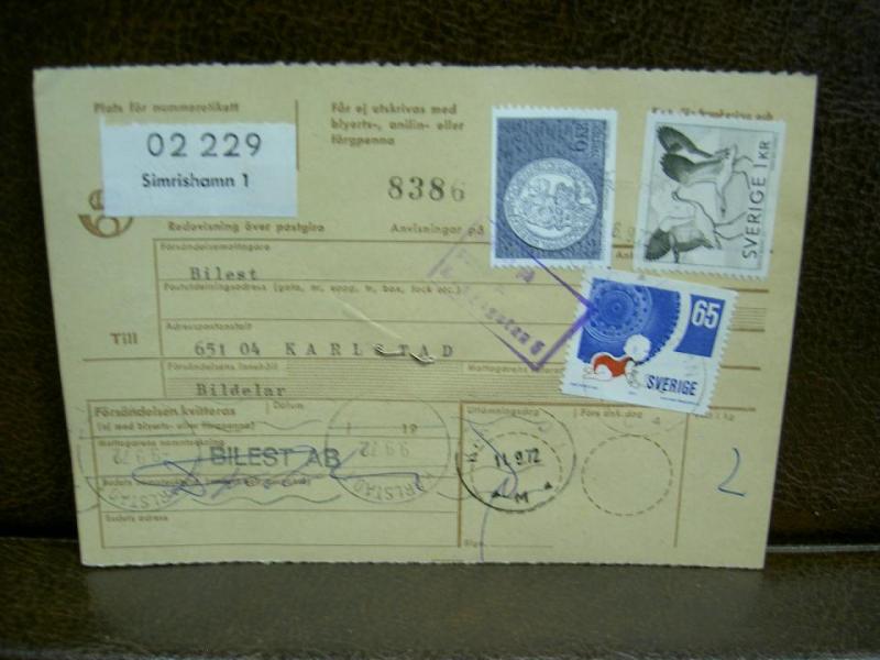 Paketavi med stämplade frimärken - 1972 - Simrishamn 1 till Karlstad 1