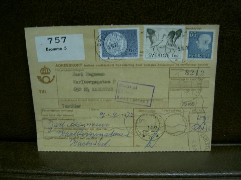 Paketavi med stämplade frimärken - 1972 - Bromma 5 till Karlstad 1