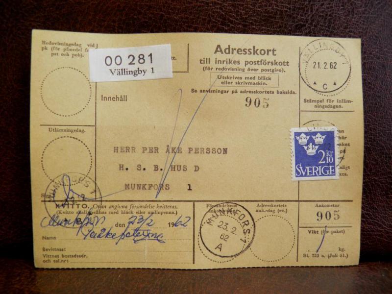 Frimärke  på adresskort - stämplat 1962 - Vällingby 1 - Munkfors 1