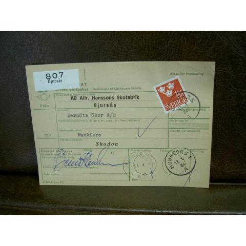 Paketavi med stämplade frimärken - 1964 - Bjursås till Munkfors