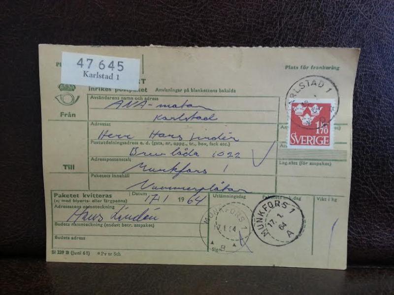 Frimärken  på adresskort - stämplat 1964 - Karlstad 1 - Munkfors 1