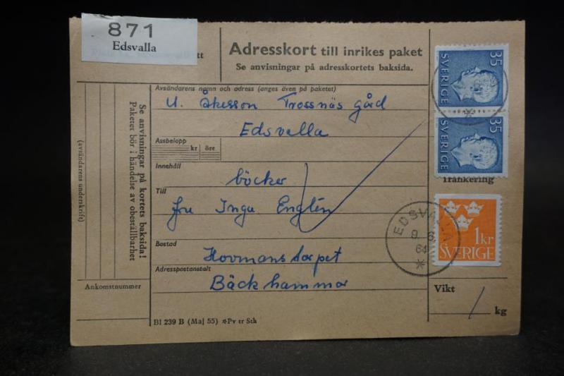 Avi frankerad och stämplad 1964  - Bäckhammar - 871 Edsvalla