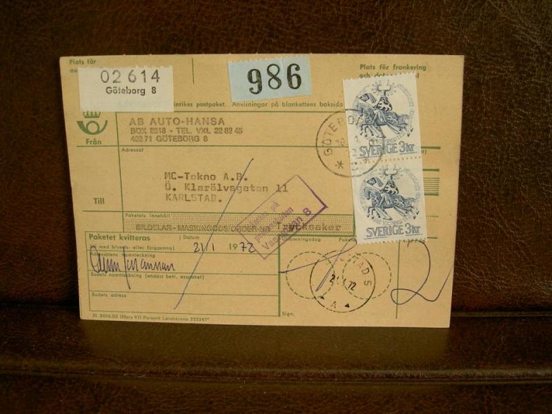 Paketavi med stämplade frimärken - 1972 - Göteborg 8 till Karlstad