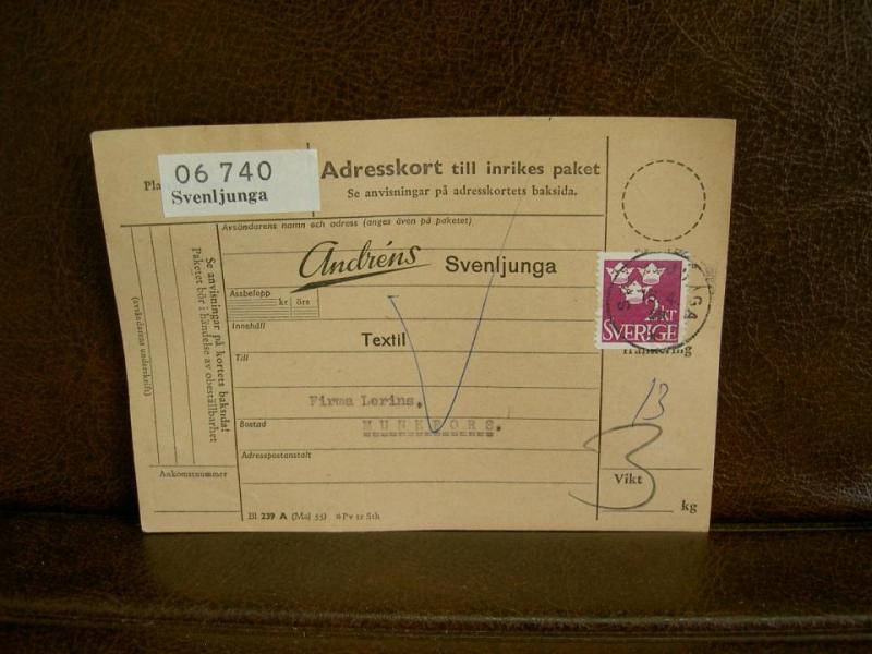 Paketavi med stämplade frimärken - 1962 - Svenljunga till Munkfors