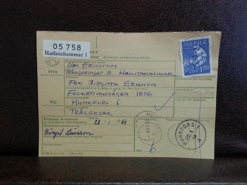 Frimärken  på adresskort - stämplat 1964 - Hallstahammar 1 - Munkfors 1