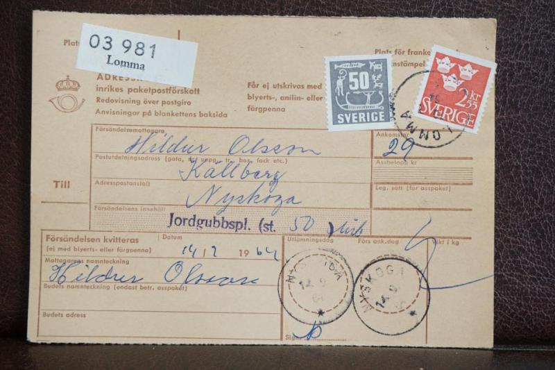 Frimärken på adresskort - stämplat 1964 - Lomma - Nyskoga 