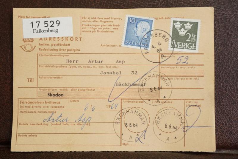 Frimärken på adresskort - stämplat 1964 - Falkenberg - Bäckhammar