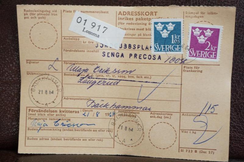 Frimärken på adresskort - stämplat 1964 - Lomma - Bäckhammar