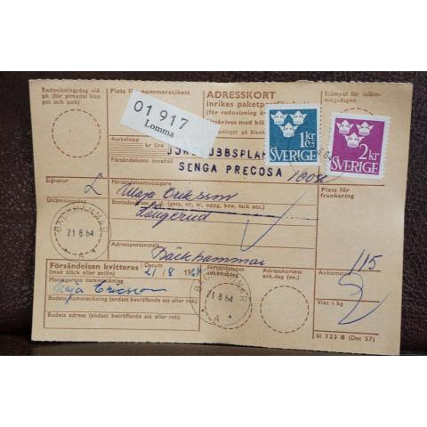 Frimärken på adresskort - stämplat 1964 - Lomma - Bäckhammar