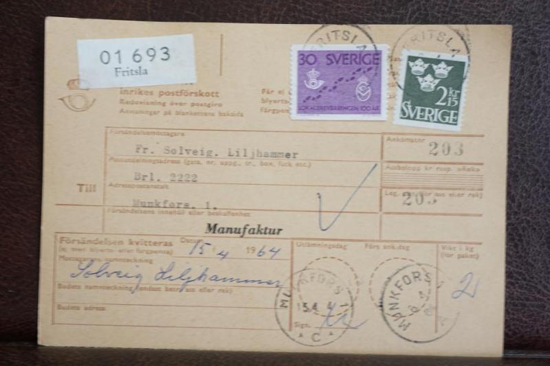Frimärken på adresskort - stämplat 1964 - Fritsla - Munkfors