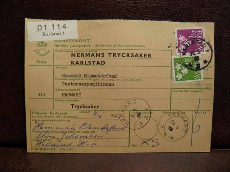 Frimärken på adresskort - stämplat 1963 - Karlstad 1 - Hammarö