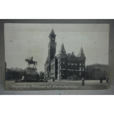 Hälsingborg Rådhuset och Stenbocksstatyn 1923 skrivet gammalt vykort