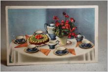 Vackert Dukat Bord i 1950-tals inredning - Hjärtlig Gratulation - Gammalt vykort 1950