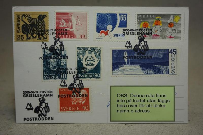Svensk Evenemangstämpel på vykort  - Postrodden 2000-06-17 Grisslehamn  /  8 st.  frimärken