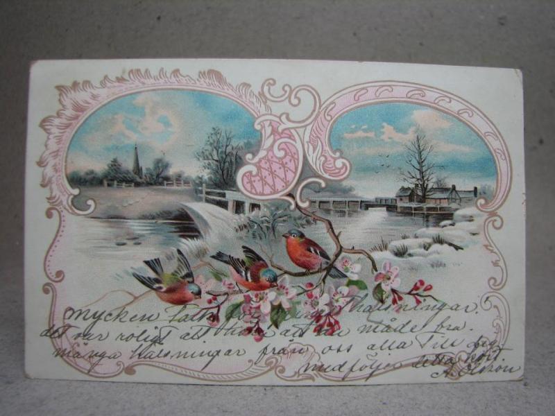 Antikt Brefkort Vackert kort med Hus och Fåglar Stämplat 1905 på 5 öre grönt och ett lila