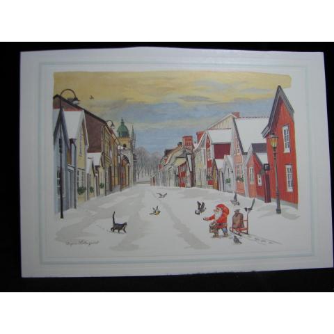 Vinterbild med katt och Tomte av Holmqvist