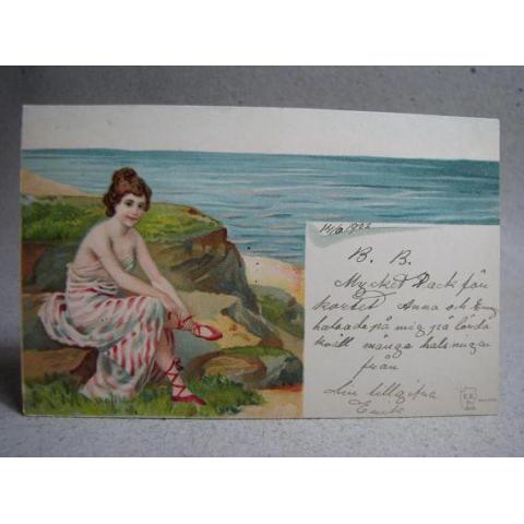 Antikt vykort Dam vid havet Stämplat Gefle 1903