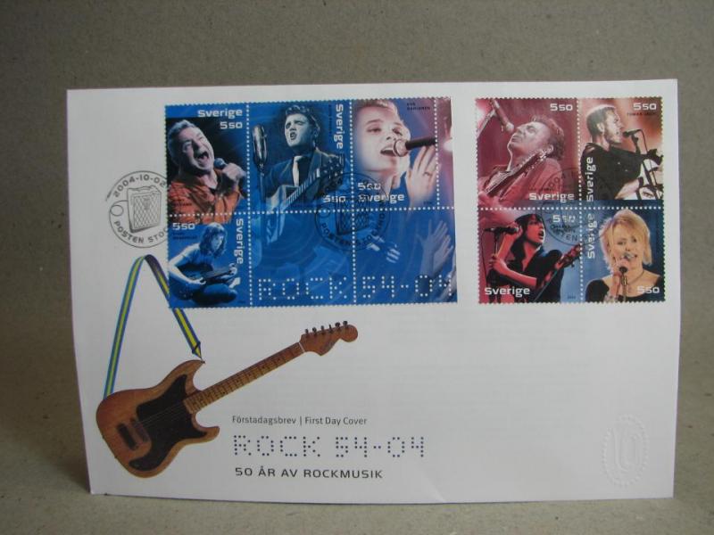 FDC Vinjett -  2/10 2004 50 år av Rockmusik / Fin stämpel på 7 frimärken 