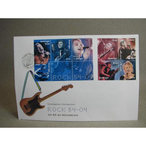 FDC Vinjett -  2/10 2004 50 år av Rockmusik / Fin stämpel på 7 frimärken 