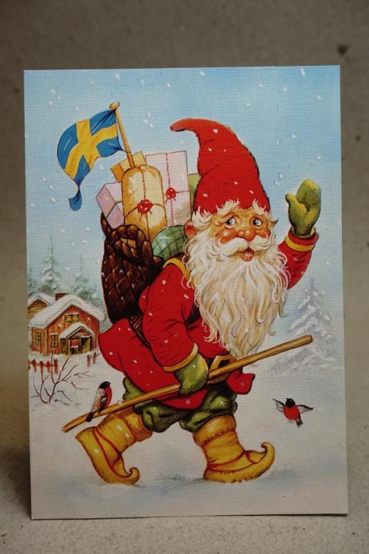 Vykort med Julmotiv - Glad Tomte - stämplat frimärke