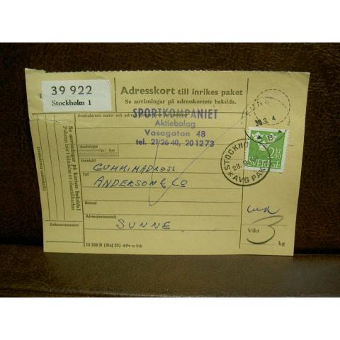 Paketavi med stämplade frimärken - 1964 - Stockholm 1 till Sunne