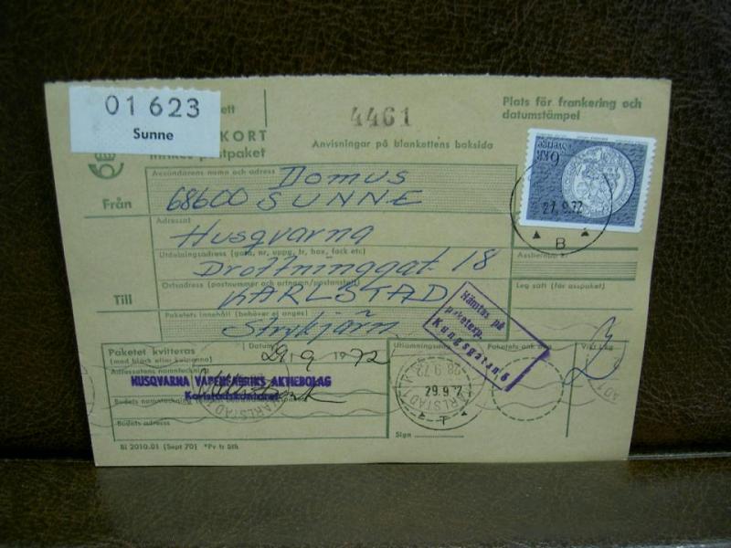 Paketavi med stämplade frimärken - 1972 - Sunne till Karlstad 1