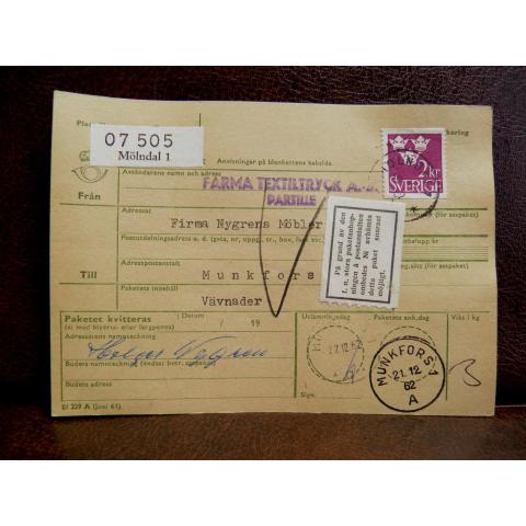 Frimärken på adresskort - stämplat 1962 - Mölndal 1 - Munkfors 
