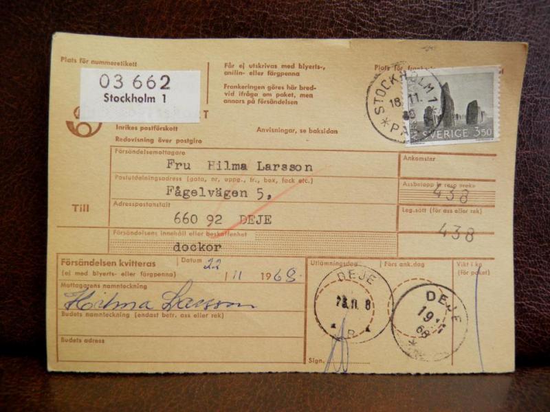 Frimärken  på adresskort - stämplat 1968 - Stockholm 1 - Deje