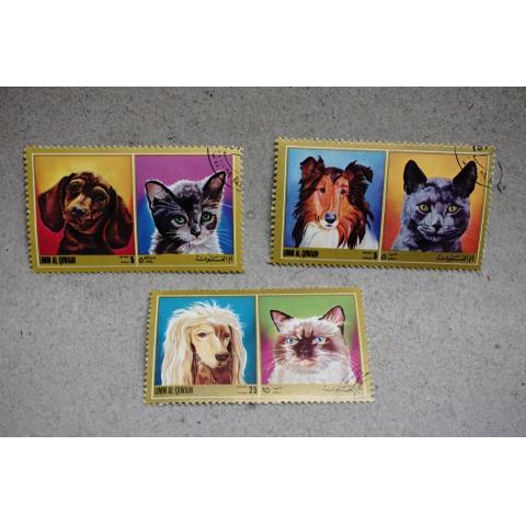  6 stycken Katt och Hund frimärken - Umm Al Qiwain  Cats Dogs -  stämplat från 1972