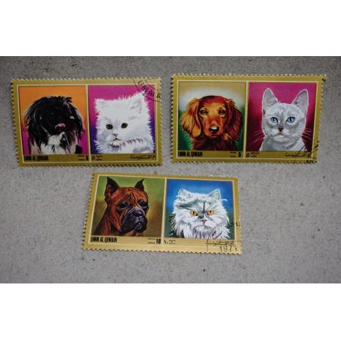  6 stycken Katt och Hund frimärken - Umm Al Qiwain  Cats Dogs -  stämplat från 1972