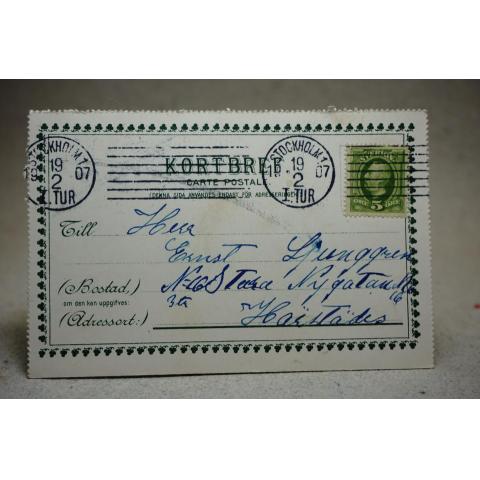 Antikt Kortbrev med frimärke - Stämplat Stockholm 19.2,1907  1Tur 