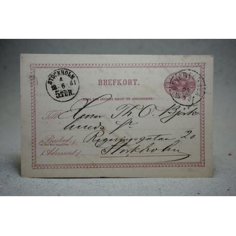 Antikt Brevkort med förtryckt frimärke - Stämplat med stämpel Stockholm 4.6.1881 5Tur och Öfvertorneå 23.5.1881