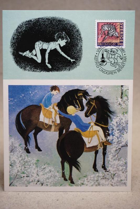 Bröderna Lejonhjärta  - Vackert vykort - Fint stämplat frimärke Astrid Lindgren Vimmerby 14.5.1987