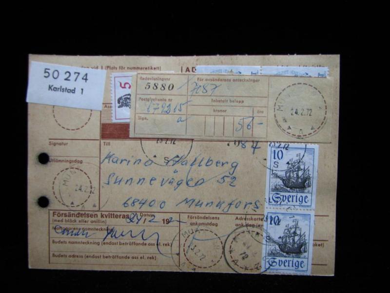Adresskort med stämplade frimärken - 1972 - Karlstad till Munkfors