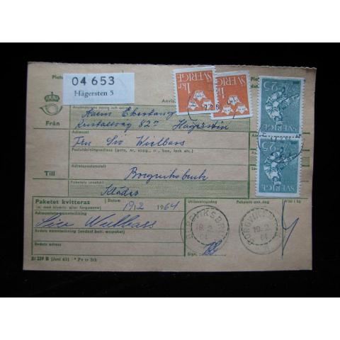 Adresskort med stämplade frimärken - 1964 - Hägersten till Borgviksbruk 