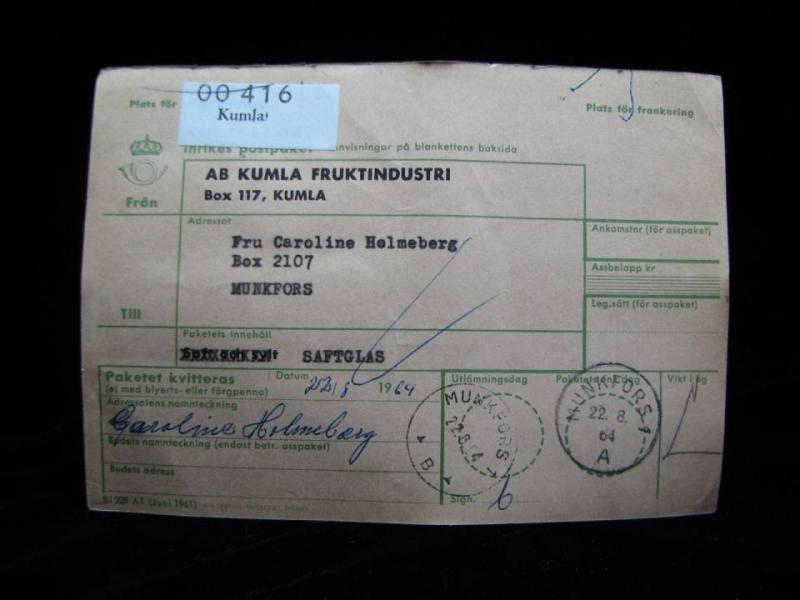 Adresskort med stämplade frimärken - 1964 - Kumla till Munkfors