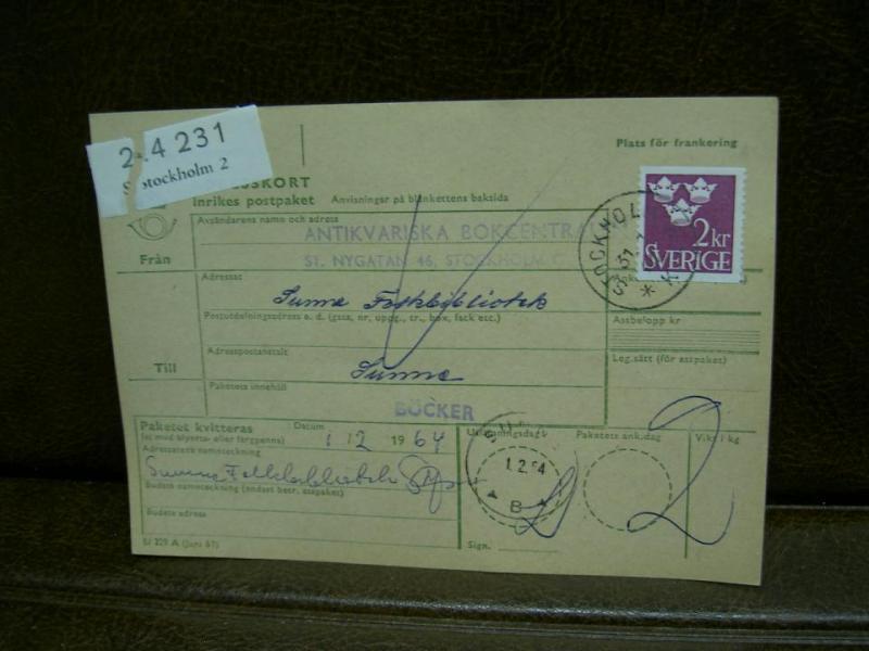 Paketavi med stämplade frimärken - 1964 - Stockholm 2 till Sunne