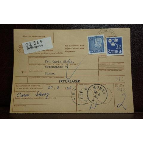 Frimärken  på adresskort - stämplat 1963 - Skillingaryd - Sunne