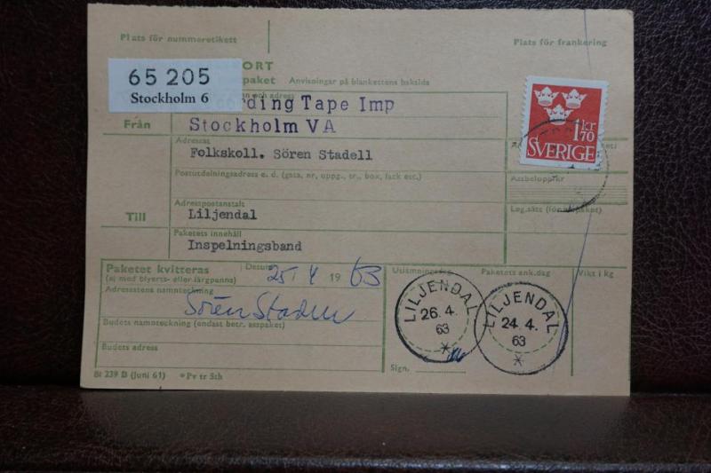 Frimärke  på adresskort - stämplat 1963 - Stockholm 6 - Liljendal