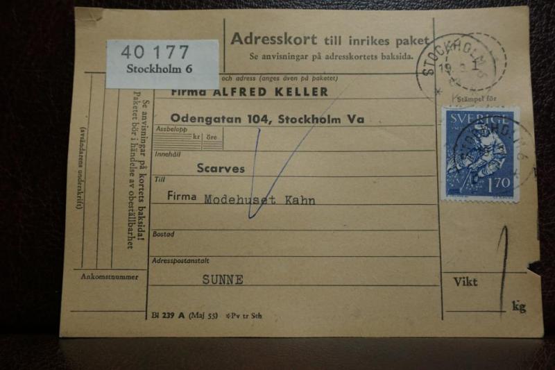 Frimärke  på adresskort - stämplat 1963 - Stockholm 6 - Sunne