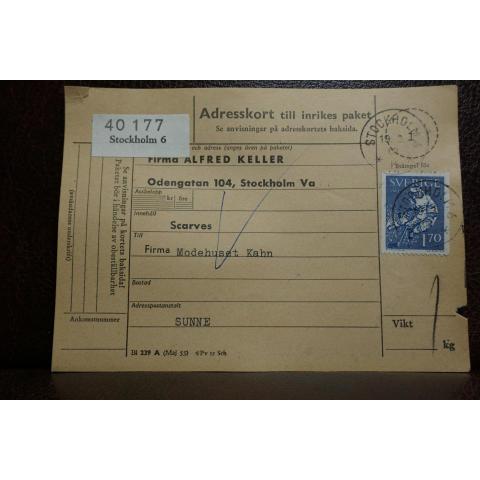 Frimärke  på adresskort - stämplat 1963 - Stockholm 6 - Sunne