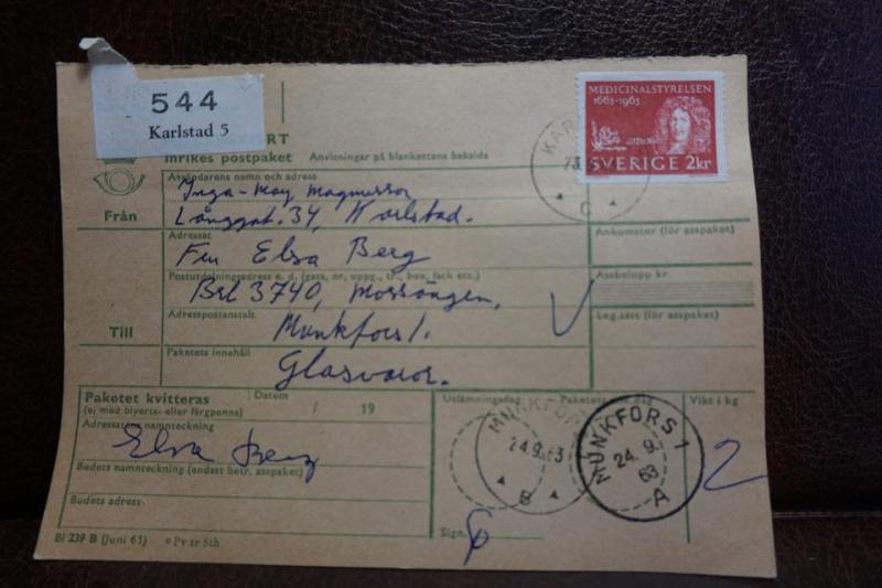 Frimärke på adresskort - stämplat 1963 - Karlstad 5 - Munkfors